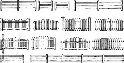 vector set of wooden fences isolated on white background. decorative fences for farm or garden
