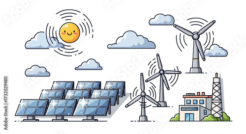 Cartoon Illustration of Renewable Energy Sources and Power Plant.