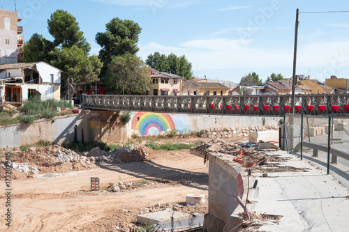 Slika na platnu Damaged houses and bridge by Valencia flood aftermath, one year after the DANA f
