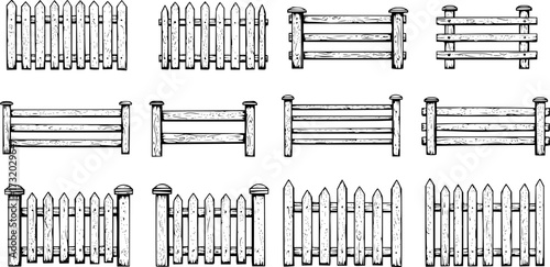 vector set of wooden fences isolated on white background. decorative fences for farm or garden
