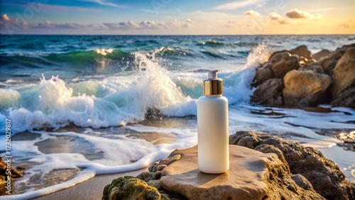 Skincare bottle on beach with ocean waves