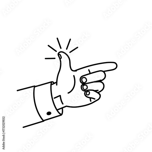 Hand gesture of a finger gun with a suit sleeve and a button.