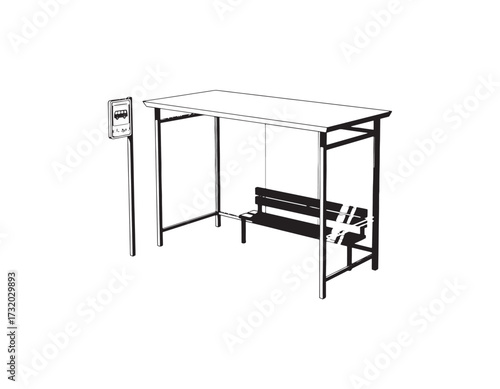 Black and white illustration of an empty bus stop shelter with a bench, sign, and roof on a white background, minimal design