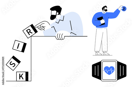 Man pushing falling blocks spelling RISK, person examining a coin, smartwatch displaying heart health. Ideal for risk management, strategy, finance, health, decision-making, technology business