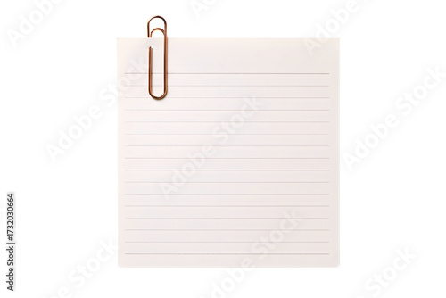 Blank lined paper sheet held by a metal paperclip isolated on transparent background