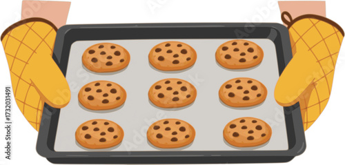vector illustration of hands in oven mittens holding baking tray with homemade chocolate chip cookies. home bakery.
