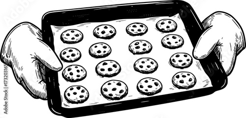 vector illustration of hands in oven mittens holding baking tray with homemade chocolate chip cookies. home bakery.
