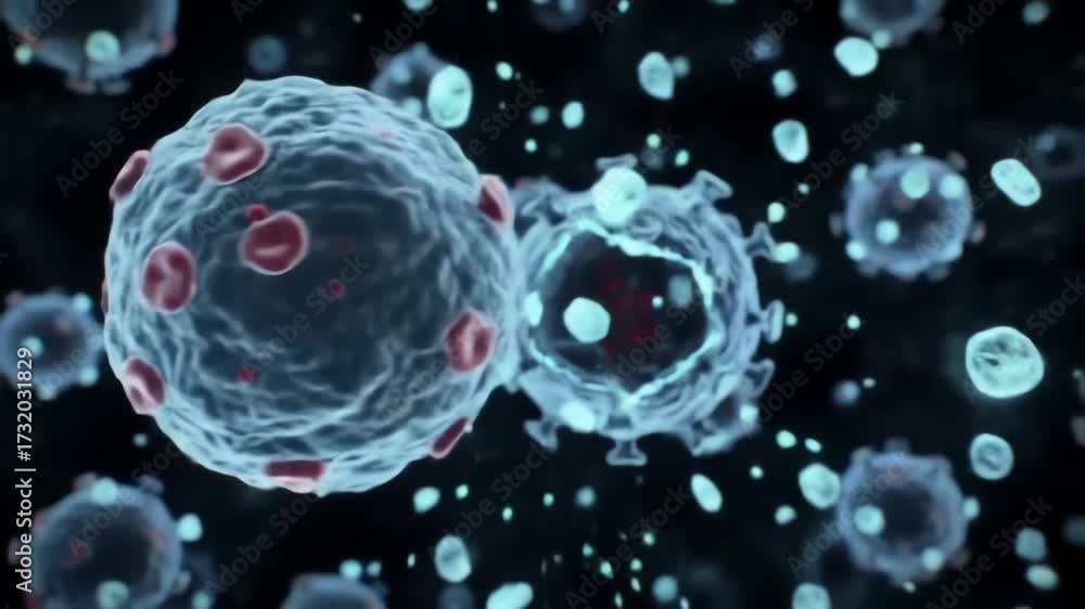 T-cells destroying influenza-infected cells, glowing membranes ...