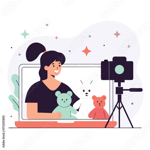 Smiling woman recording a video with stuffed animals using a laptop and camera for online content creation