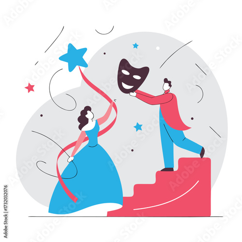 Vector illustration of a woman reaching for a star with a ribbon a man offering a mask symbolizing ambition and opportunity for web design