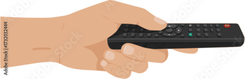 vector hand holding a remote control isolated on white background. human hand with tv remote control switching tv, flat design
