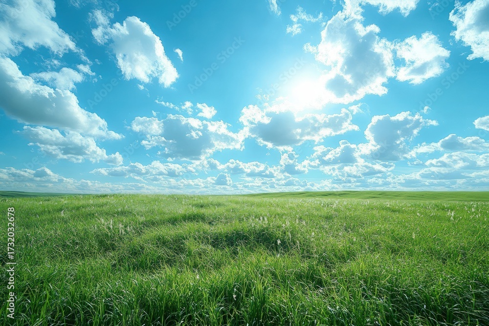 Obraz premium A vibrant green meadow bathed in sunlight, with fluffy clouds against a bright blue sky