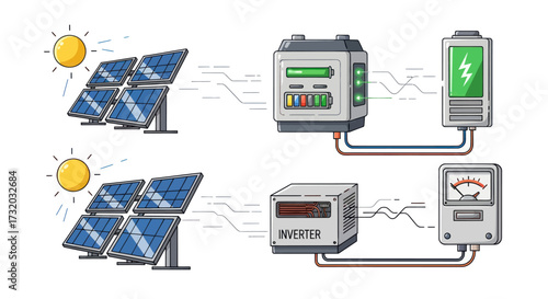 Illustrated Solar Panel System Depicting Energy Conversion and Storage.