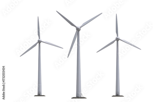 Three wind turbines isolated on transparent background
