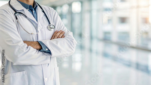 Young professional doctor with stethoscope in a hospital clinic