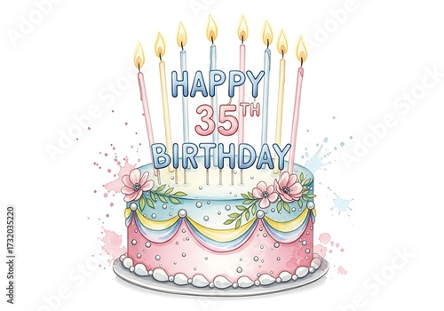 Elegant watercolor cartoon single-tier birthday cake with 