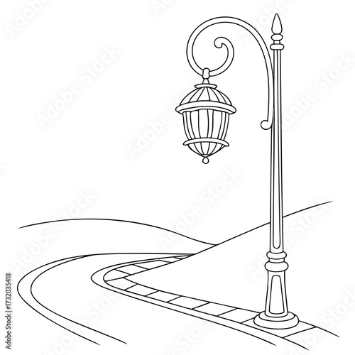 A classic ornate street lamp stands beside a winding cobblestone path leading through gentle rolling hills under a clear sky