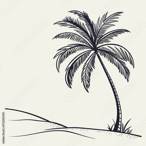 A minimalist black and white ink sketch of a single palm tree standing on a sandy beach with gentle rolling dunes under a plain background