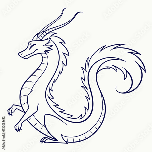 A stylized friendly cartoon dragon with long whiskers and a flowing tail stands gracefully against a white background
