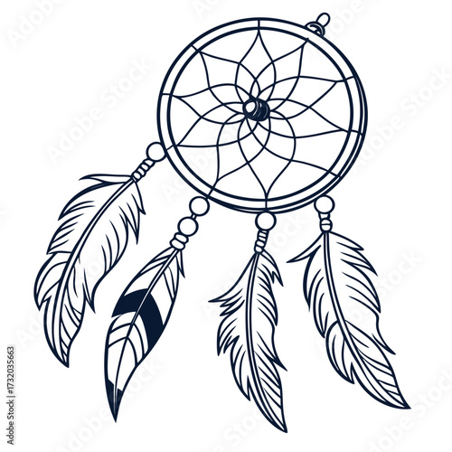 A traditional native american dreamcatcher with intricate webbing and dangling feathers and beads on a white background