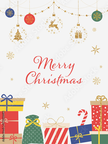 クリスマスプレゼントとオーナメントの背景白_縦長_文字あり_ベクターイラスト