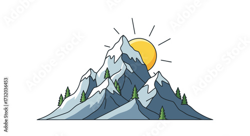 Snow-Capped Mountain Peaks with Rising Sun Cartoon Style Illustration.