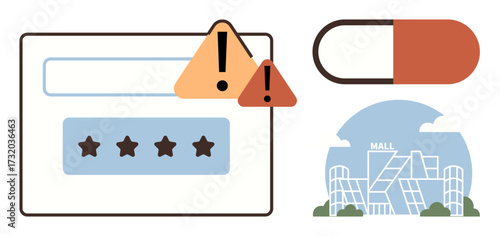 Warning triangles over password field, a divided capsule, and a stylized shopping mall. Ideal for cybersecurity, e-commerce, healthcare, urban design, retail, warning systems minimalist flat