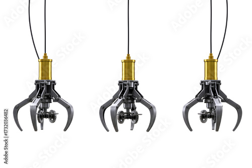 Three metallic claw machine grabbers isolated on transparent background