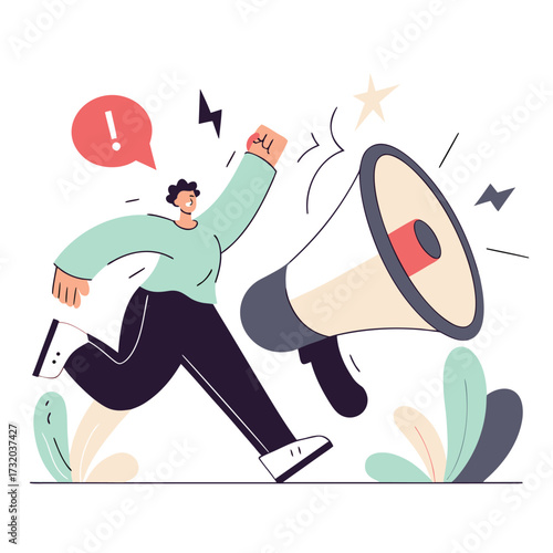 Person running with a megaphone vector illustration in flat design concept for announcement and promotion