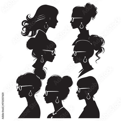 set of black various woman profile vector silhouettes isolated on white background