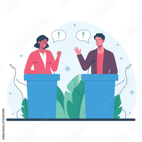 Man and woman in political debate giving speech at podium vector illustration for presentation or infographic