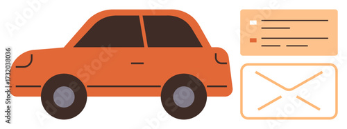 Orange car with registration card and envelope suggests car ownership, paperwork, or transport communication. Ideal for vehicle registration, automotive insurance, rental, sales, messaging, transport