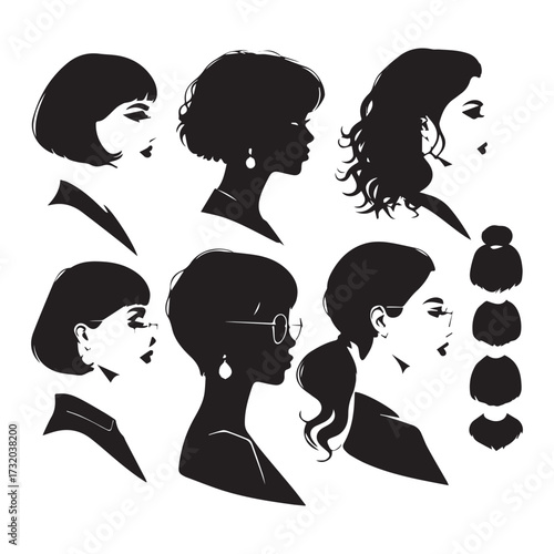 set of black various woman profile vector silhouettes isolated on white background