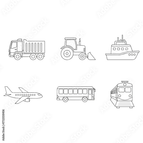 Various transportation vehicles in line art style for coloring.
