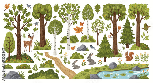 Collection of Illustrated Trees Animals and Forest Elements.