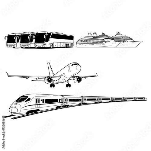 Various modes of transportation for travel and tourism.