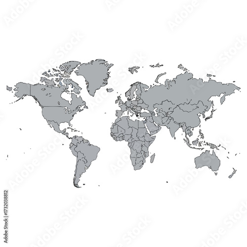 World Map Depicting Countries and Continents in Gray Tones.