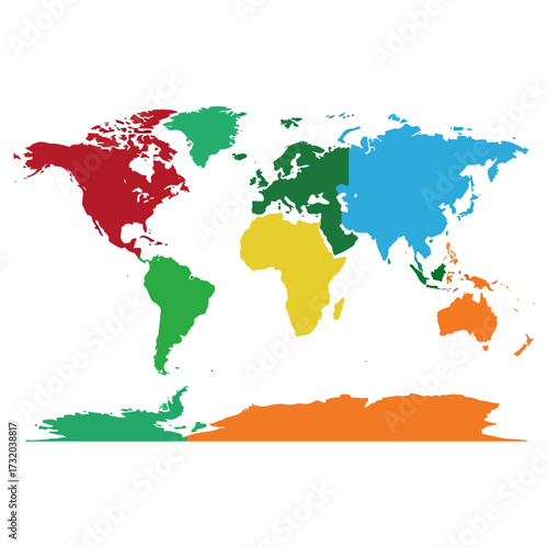 Colorful World Map Highlighting Continents and Geographic Regions.