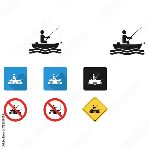 Fishing boat icons and signs for recreational activities.