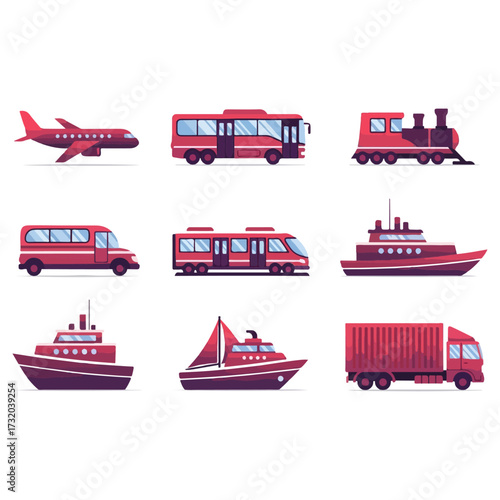 Diverse Transportation Modes Depicted in a Red Color Scheme.
