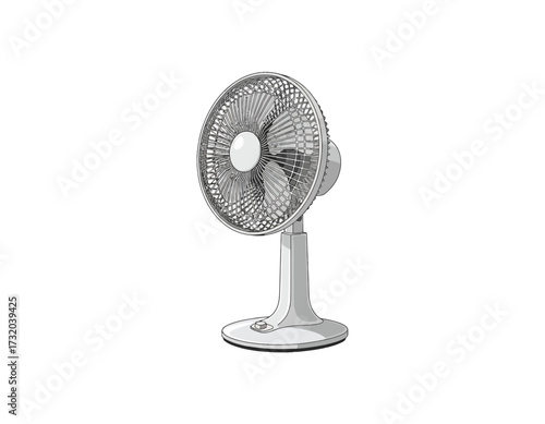 A detailed vector image of a domestic electric fan, presented in a clean, minimalist style, ideal for illustrations and graphic design projects