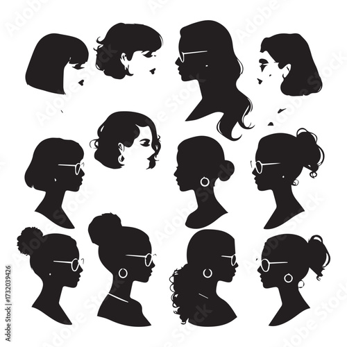 set of black various woman profile vector silhouettes isolated on white background