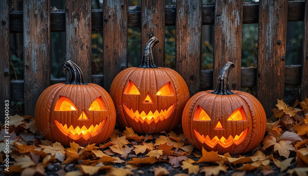 Obraz premium Illuminated jack-o'-lanterns carved with smiling faces, sit among autumn leaves, presenting a festive ambiance near a rustic wooden fence on a seasonal, autumnal evening.