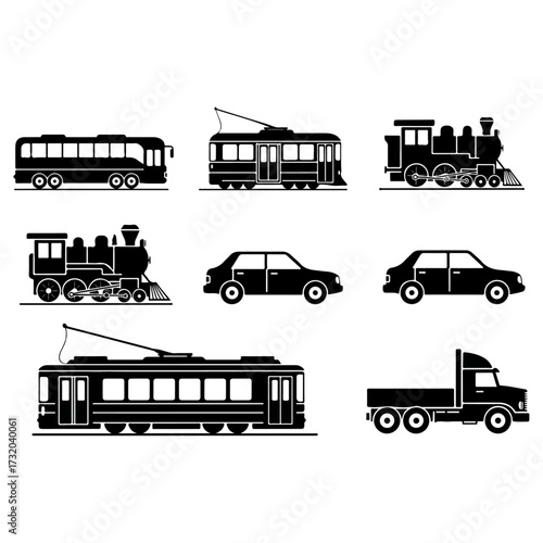 Collection of various transportation vehicles in black and white.