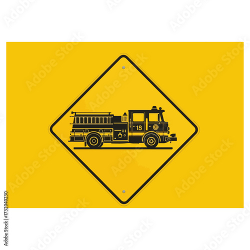 Fire truck warning sign on yellow background for safety.