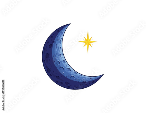 Illustration of a blue crescent moon with craters and a yellow star, evoking themes of night, dreams, and celestial beauty
