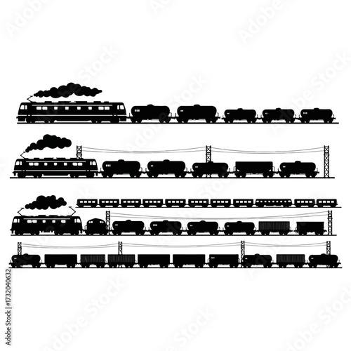 Multiple trains in a row, black and white, transportation concept.