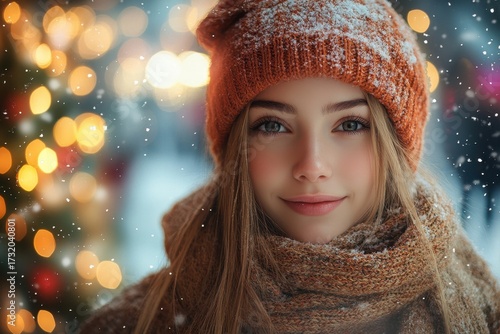 Woman in hat and scarf stands in snow.