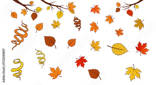 Autumn leaves and swirling ribbons falling from branches.