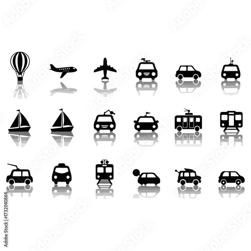 Transportation Icons Collection - Diverse Vehicles and Travel Elements.